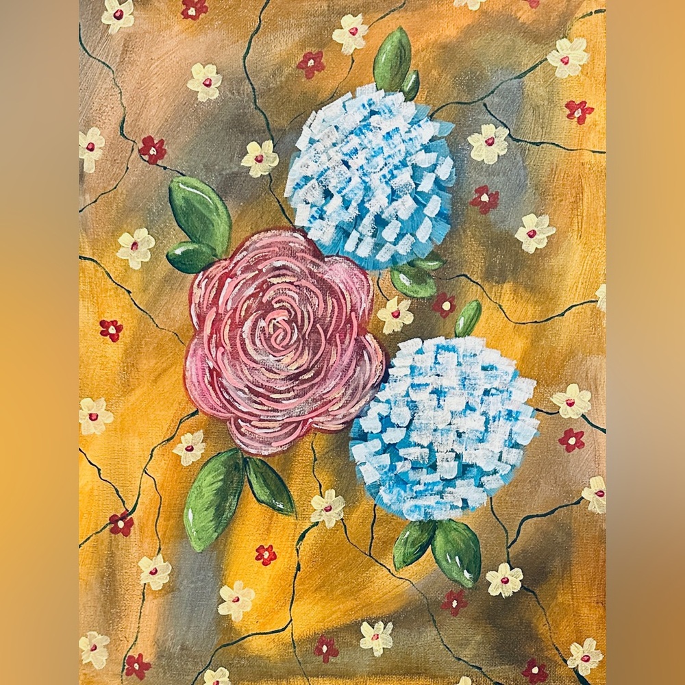 Elegant Floral Canvas Painting with Pink and Blue Blooms